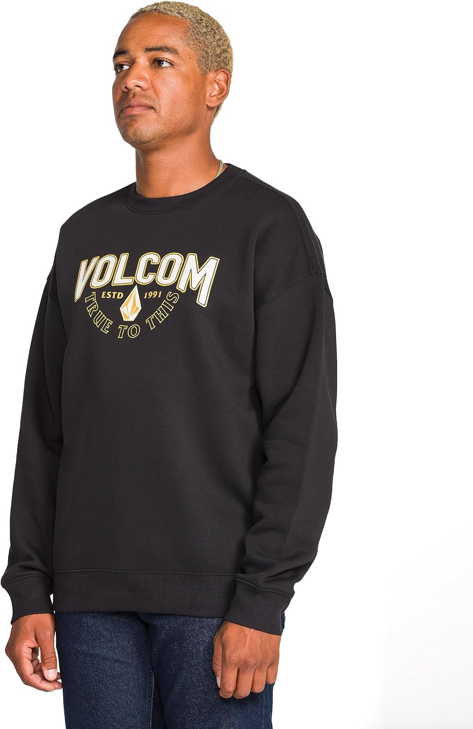 Volcom mens Roundabout Crew Fleece Sweatshirt – Soft Midweight Pullover Ribbed Cuffs Edger Black