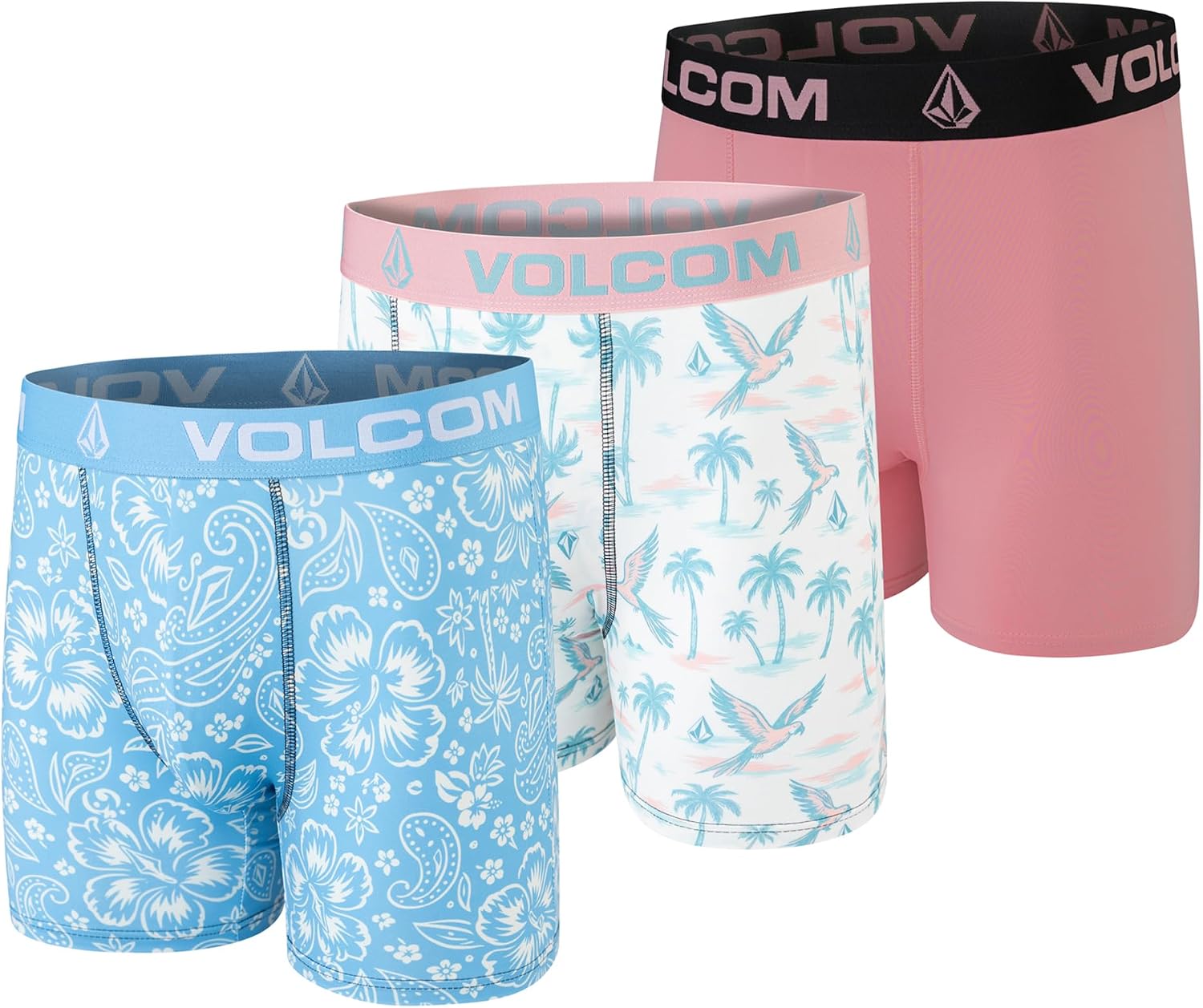 Volcom Mens Boxer Briefs 3 Pack Poly Spandex Performance FLY-LESS Support Boxer Briefs Underwear Caribbean BlueWhitePink