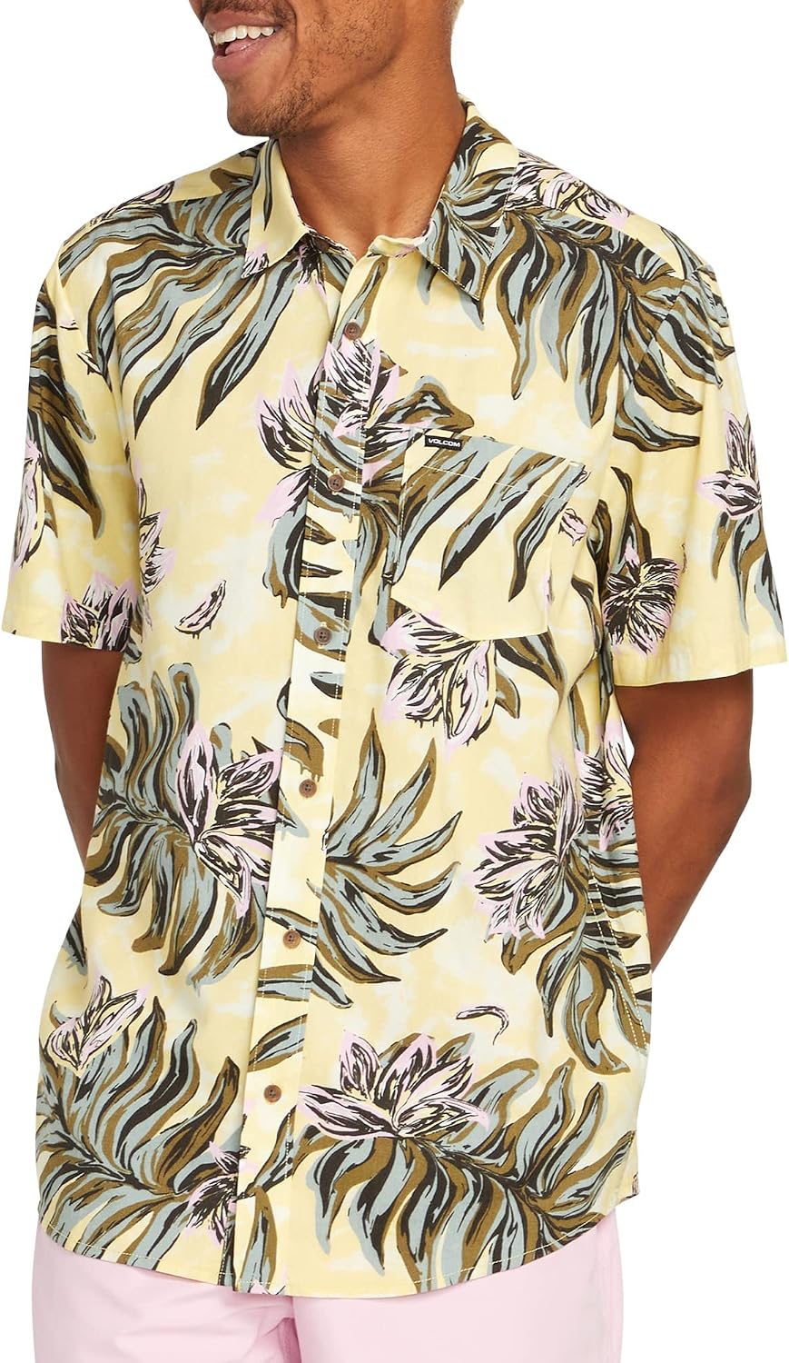Volcom Men's Regular Marble Floral Short Sleeve Button Down Hawaiian Shirt Dawn Yellow