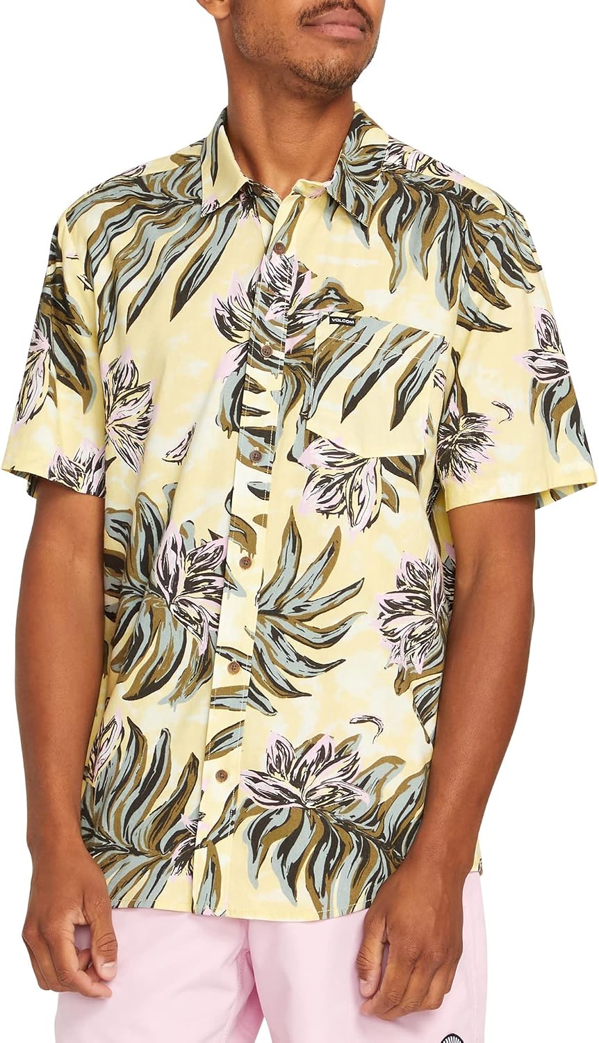 Volcom Men's Regular Marble Floral Short Sleeve Button Down Hawaiian Shirt Dawn Yellow