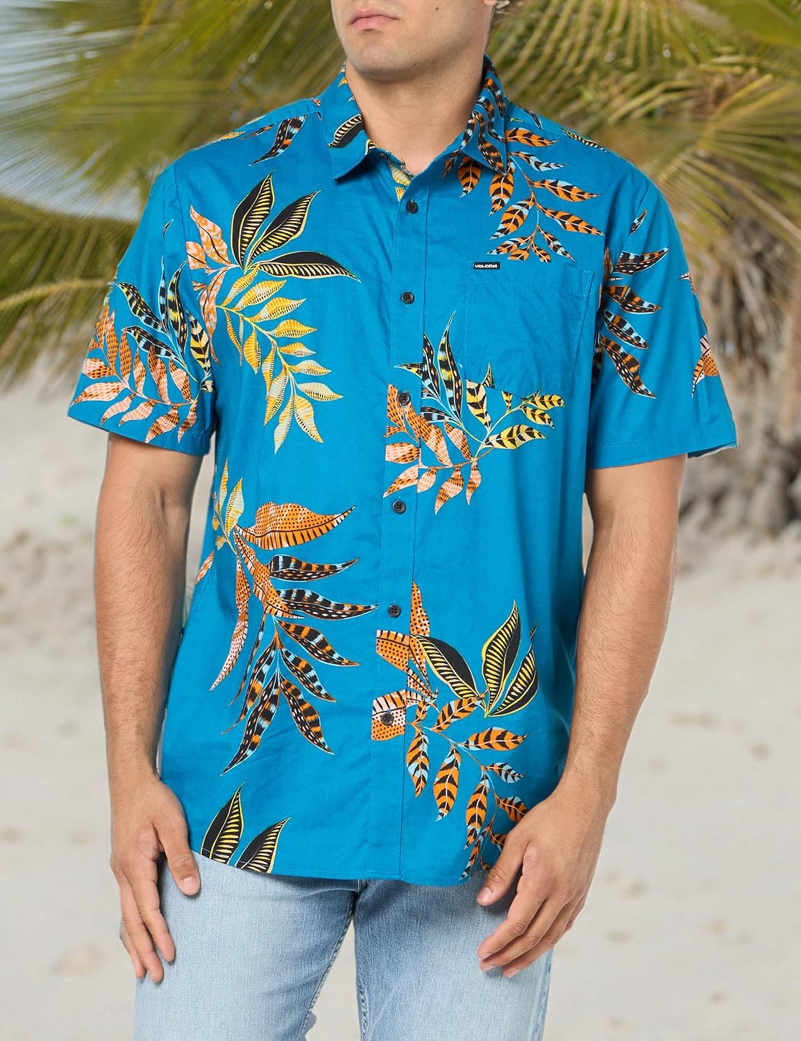 Volcom Men's Regular Marble Floral Short Sleeve Button Down Hawaiian Shirt Ocean Teal
