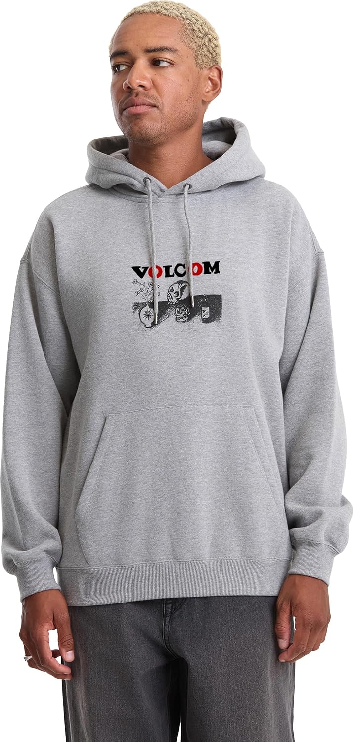 Volcom Men's Pullover Logo Fleece Hooded Sweatshirt – Soft Brushed Interior, Classic Fit, Kangaroo Pocket, Ribbed Cuffs & Hem Grey
