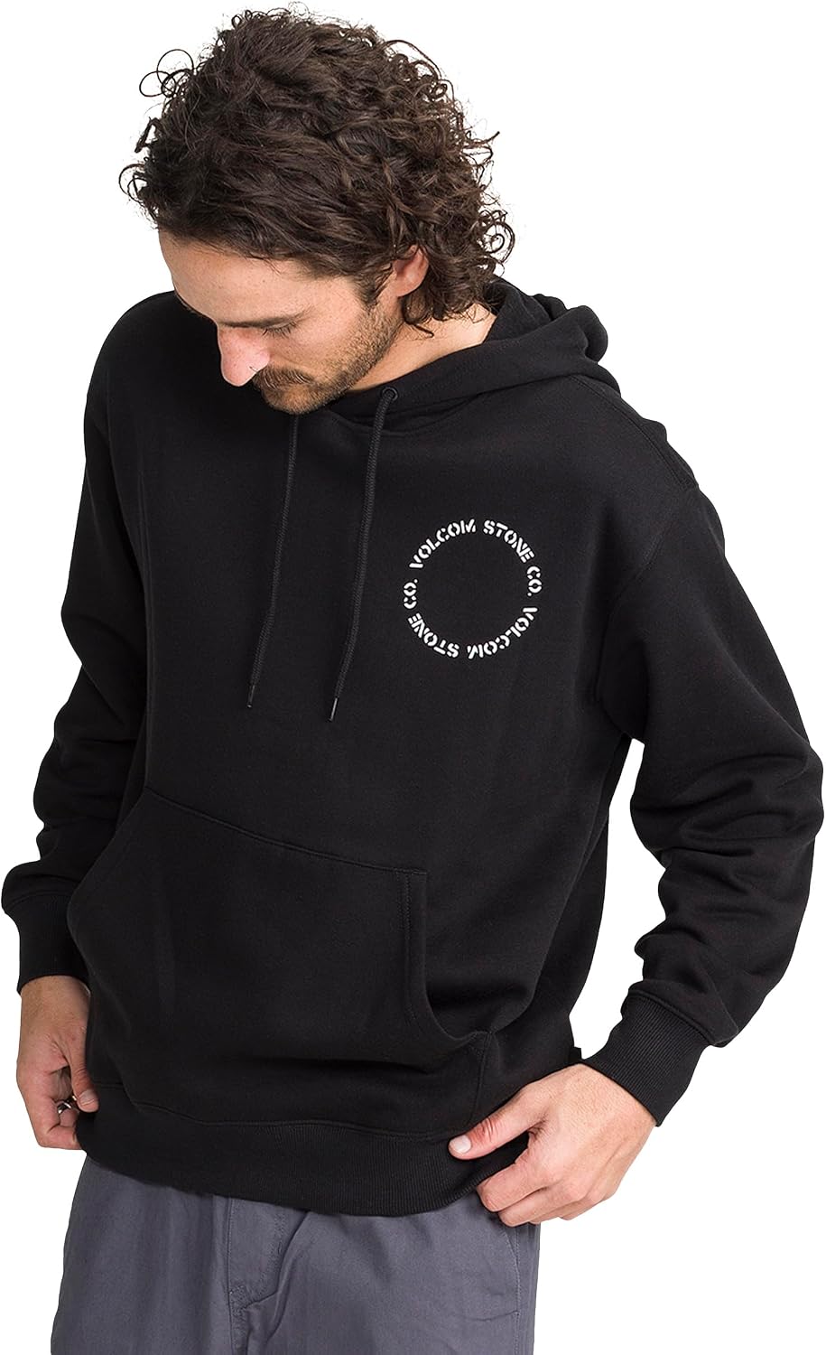 Volcom Men's Pullover Logo Fleece Hooded Sweatshirt – Soft Brushed Interior, Classic Fit, Kangaroo Pocket, Ribbed Cuffs & Hem Jet