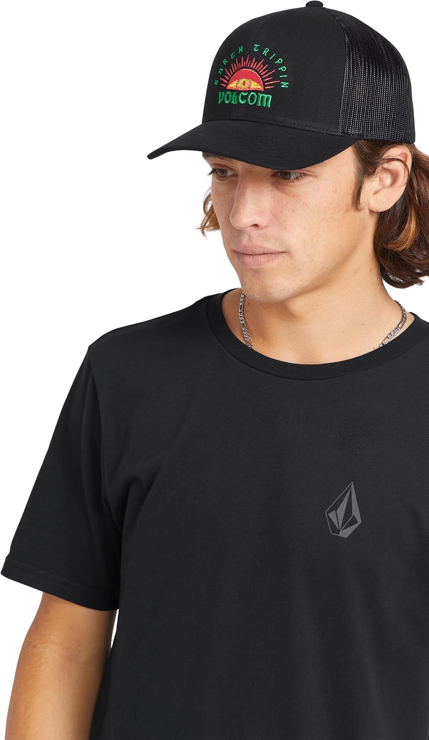 Volcom Men's Mesh Trucker Hat - Adjustable Snapback Cap, Breathable Structured Front Panel Black Sunset