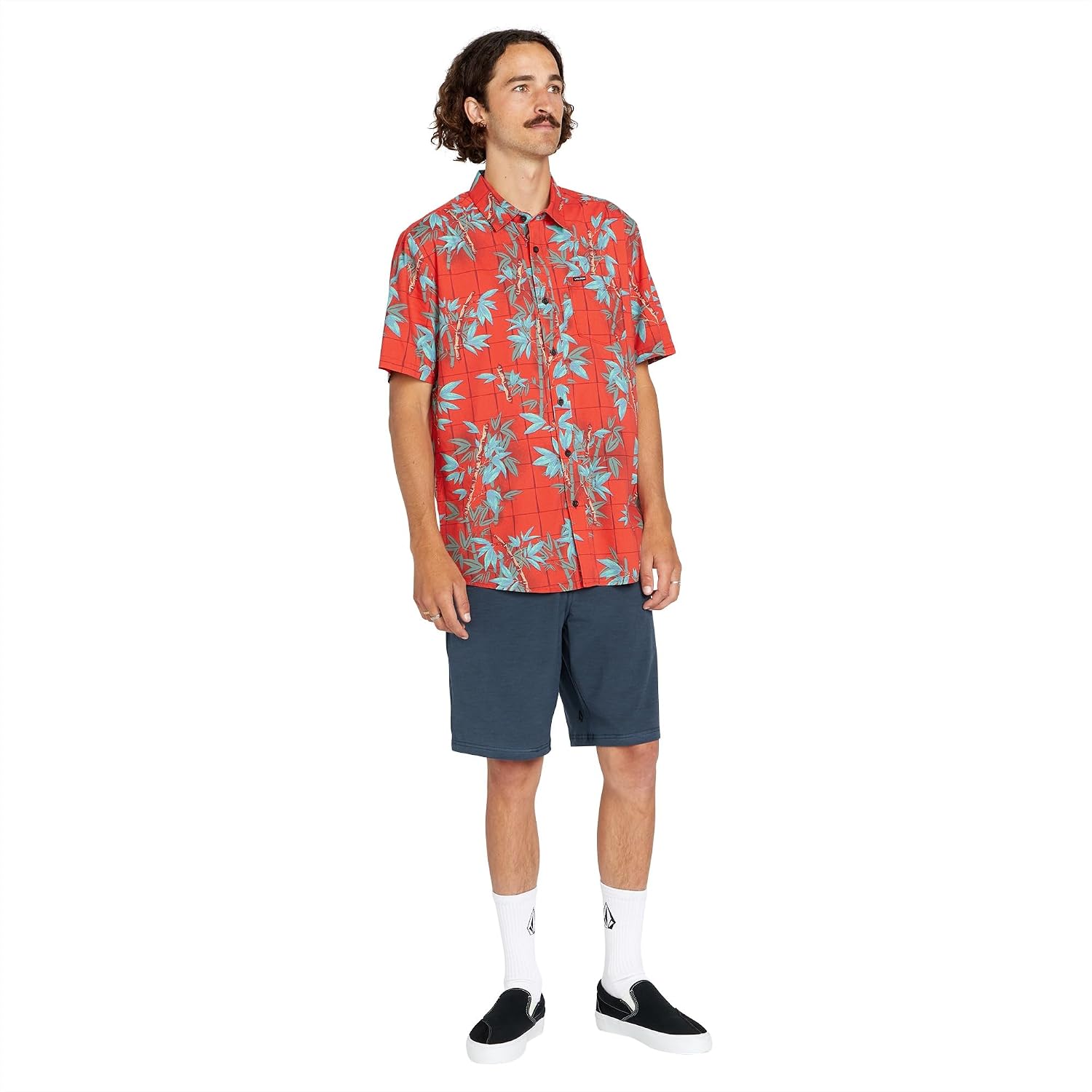 Volcom Men's Regular Marble Floral Short Sleeve Button Down Hawaiian Shirt Bamboozeled Flash Red