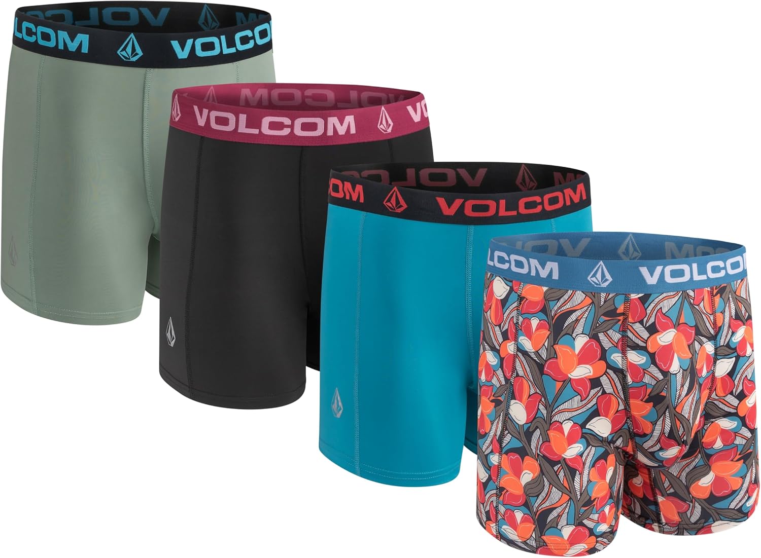 Volcom Mens Boxer Briefs 4 Pack Poly Spandex Performance Boxer Briefs Underwear MulticoloredLight BlueBlackLight Green