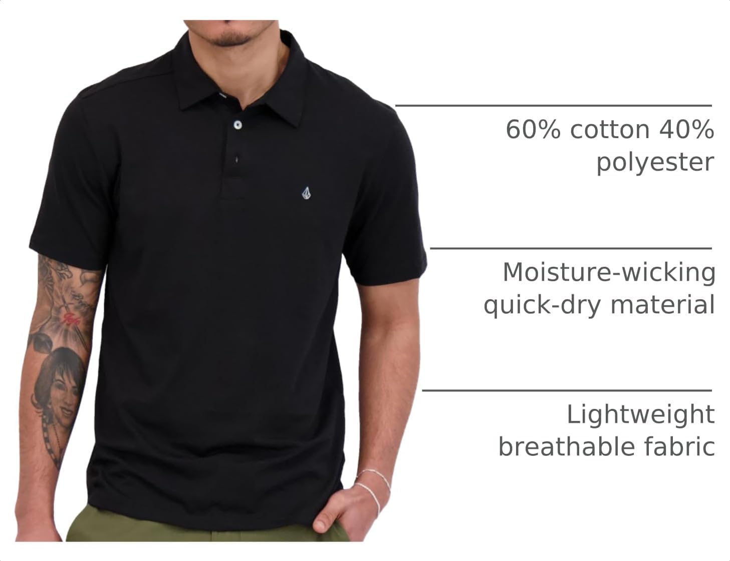 Volcom Short Sleeve Polo Shirt – Classic Fit, Soft Cotton Blend, Modern Casual Style Tinted Black