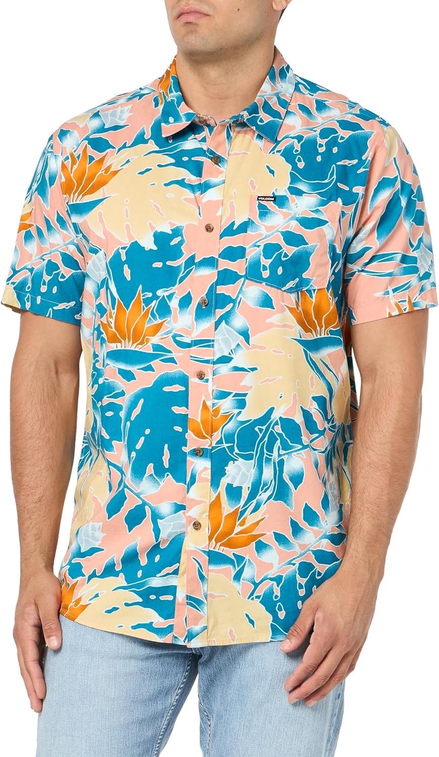 Volcom Men's Regular Marble Floral Short Sleeve Button Down Hawaiian Shirt Salmon