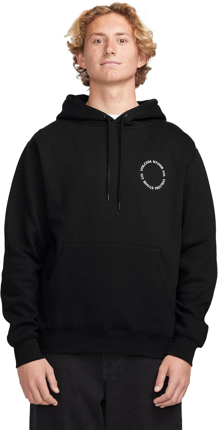 Volcom Men's Pullover Logo Fleece Hooded Sweatshirt – Soft Brushed Interior, Classic Fit, Kangaroo Pocket, Ribbed Cuffs & Hem Raven
