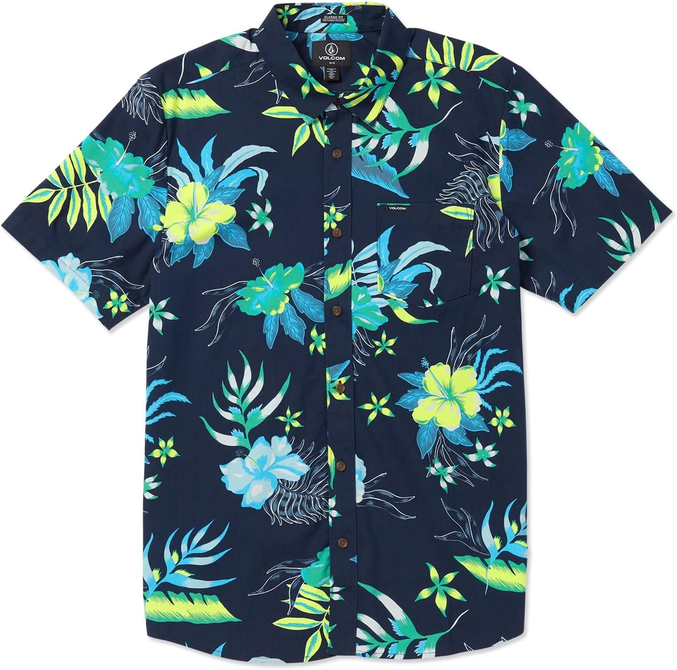 Volcom Men's Regular Marble Floral Short Sleeve Button Down Hawaiian Shirt Navy Sunriser