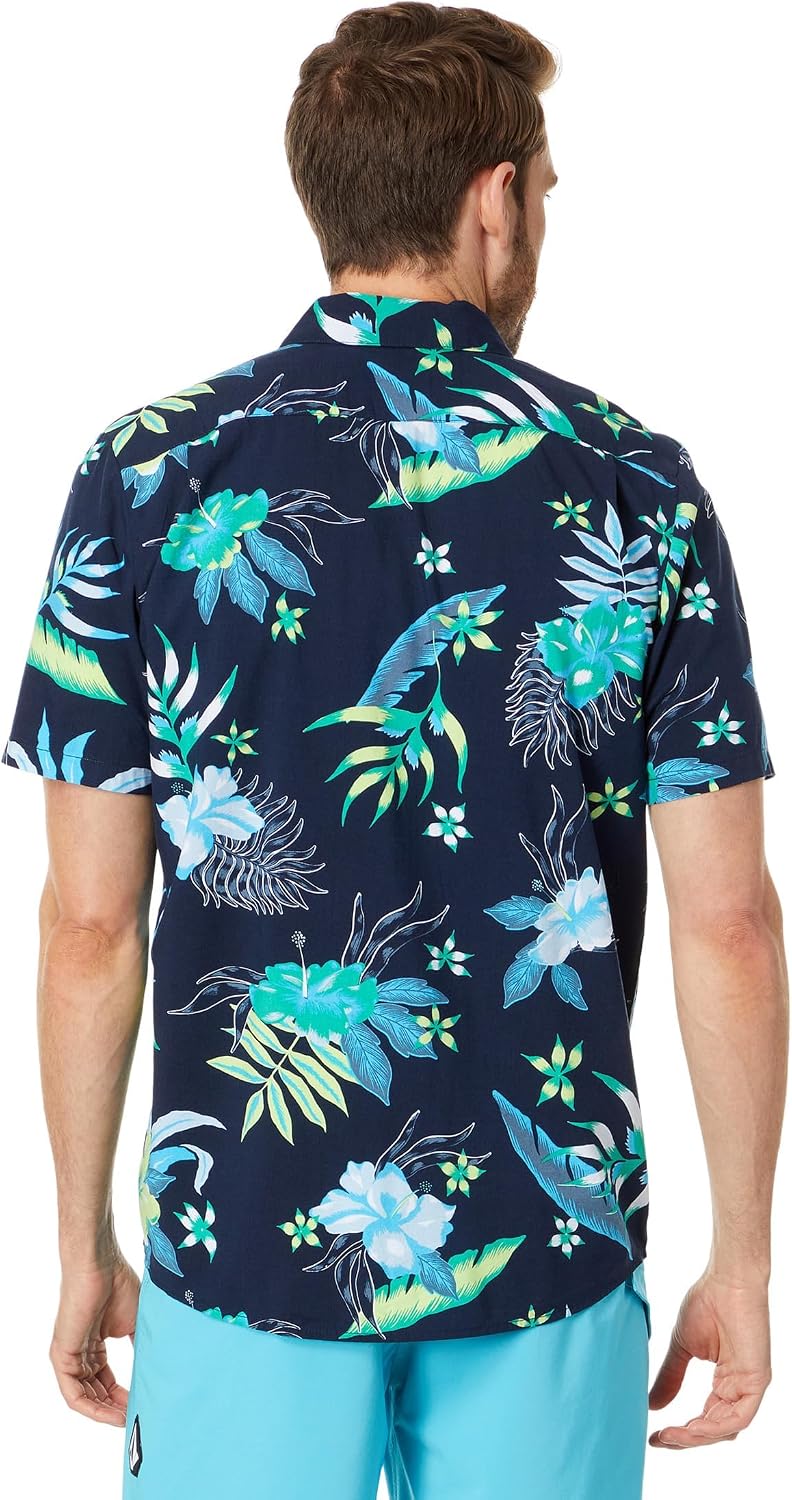 Volcom Men's Regular Marble Floral Short Sleeve Button Down Hawaiian Shirt Navy Sunriser