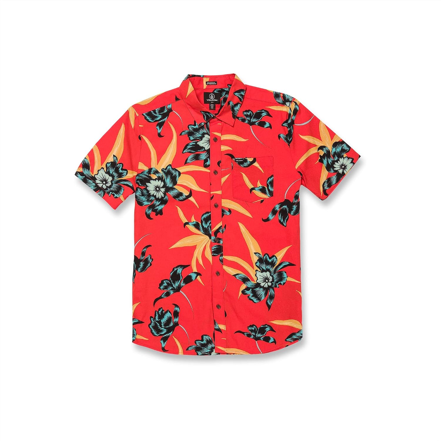 Volcom Men's Regular Marble Floral Short Sleeve Button Down Hawaiian Shirt Red Orange