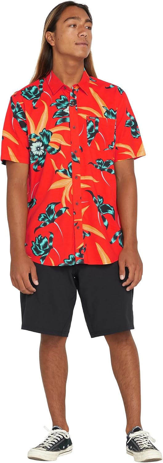 Volcom Men's Regular Marble Floral Short Sleeve Button Down Hawaiian Shirt Red Orange