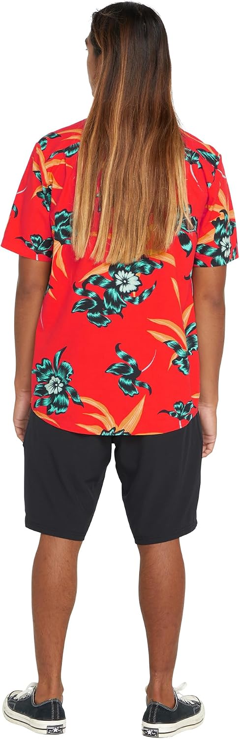 Volcom Men's Regular Marble Floral Short Sleeve Button Down Hawaiian Shirt Red Orange