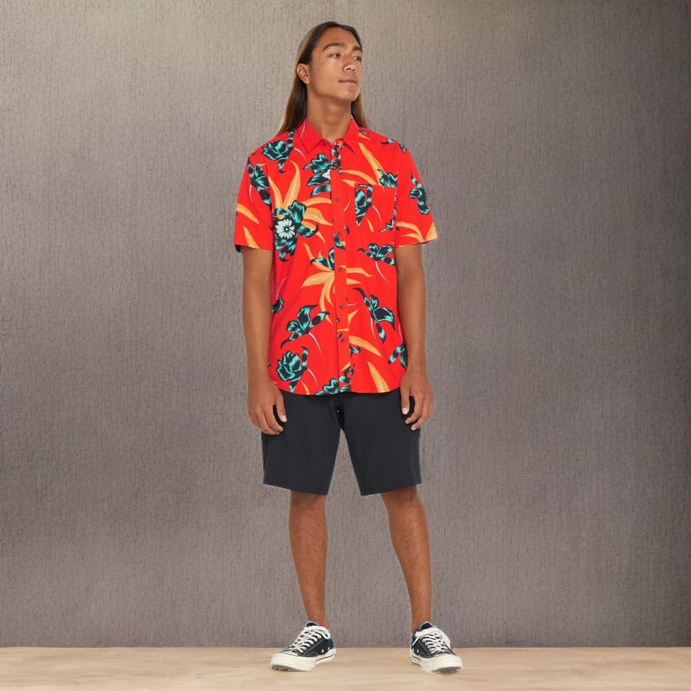 Volcom Men's Regular Marble Floral Short Sleeve Button Down Hawaiian Shirt Red Orange