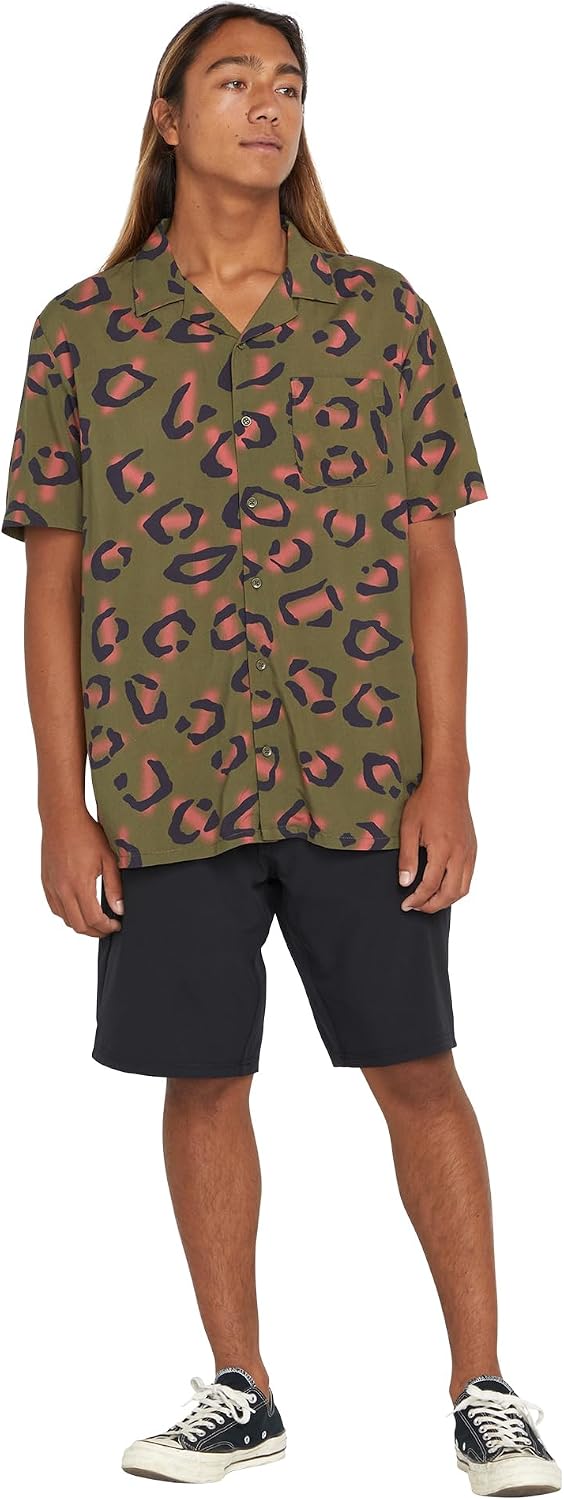Volcom Men's Party Animals Short Sleeve Printed ShirtButton Down Shirt Military
