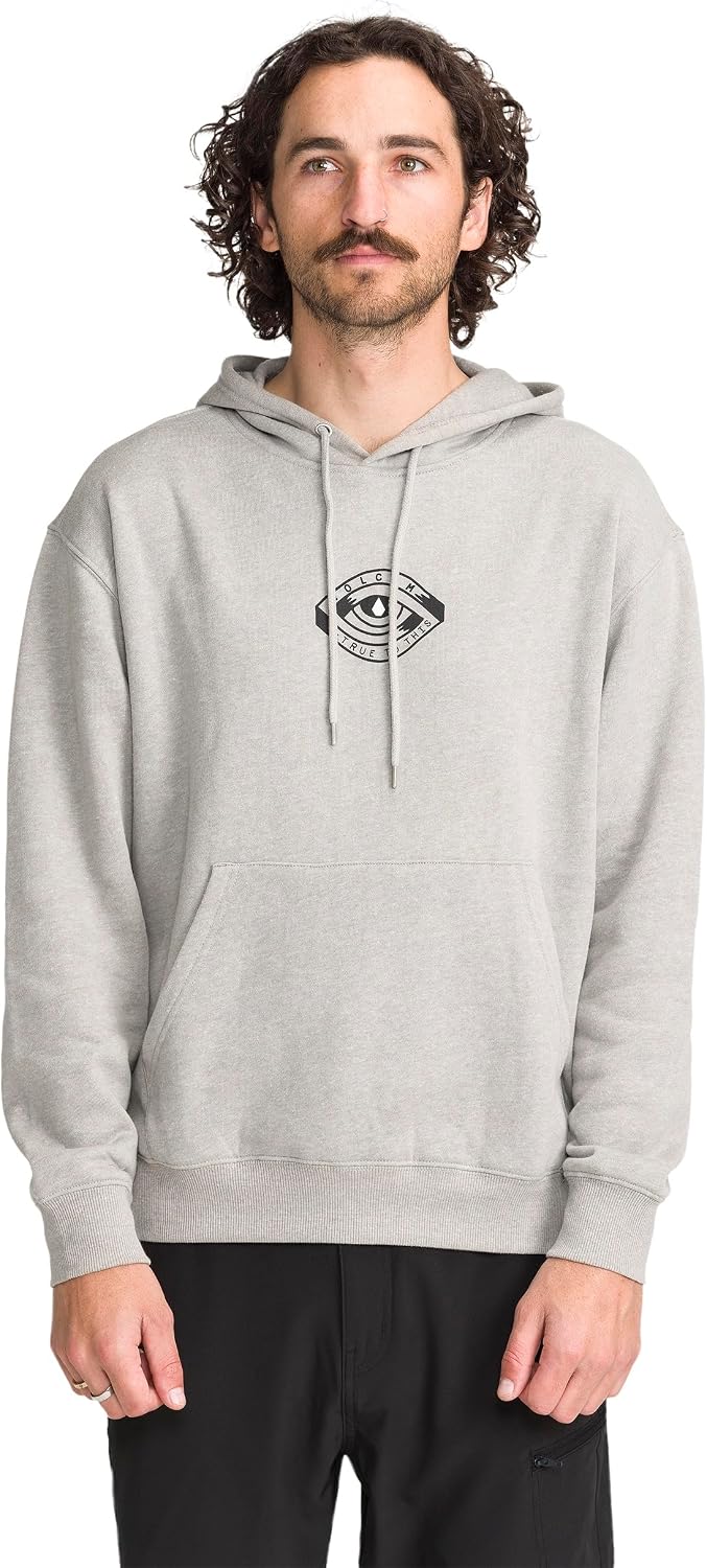 Volcom Men's Pullover Logo Fleece Hooded Sweatshirt – Soft Brushed Interior, Classic Fit, Kangaroo Pocket, Ribbed Cuffs & Hem Heather Grey