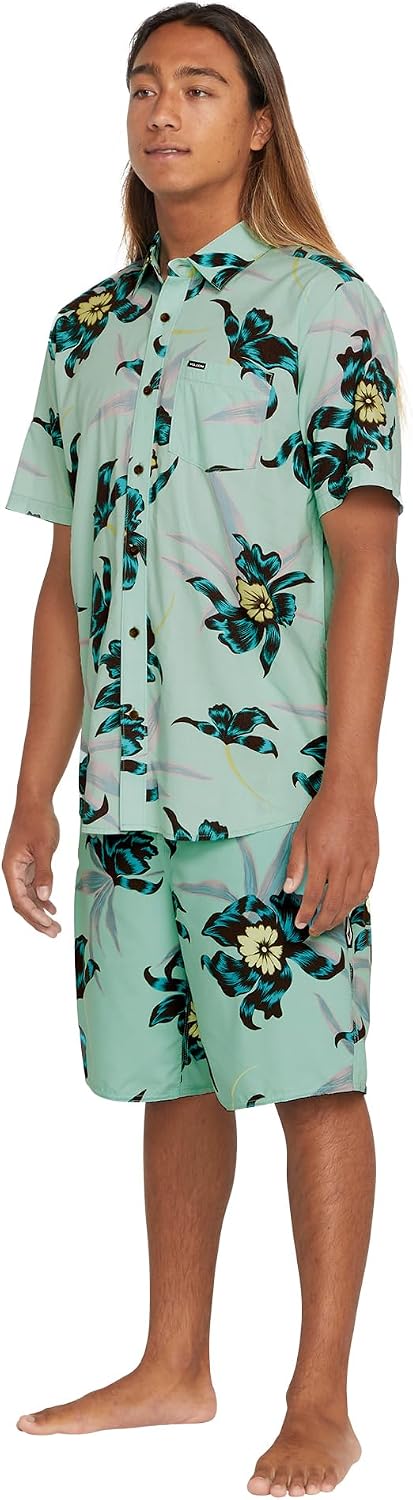 Volcom Men's Regular Marble Floral Short Sleeve Button Down Hawaiian Shirt Ice