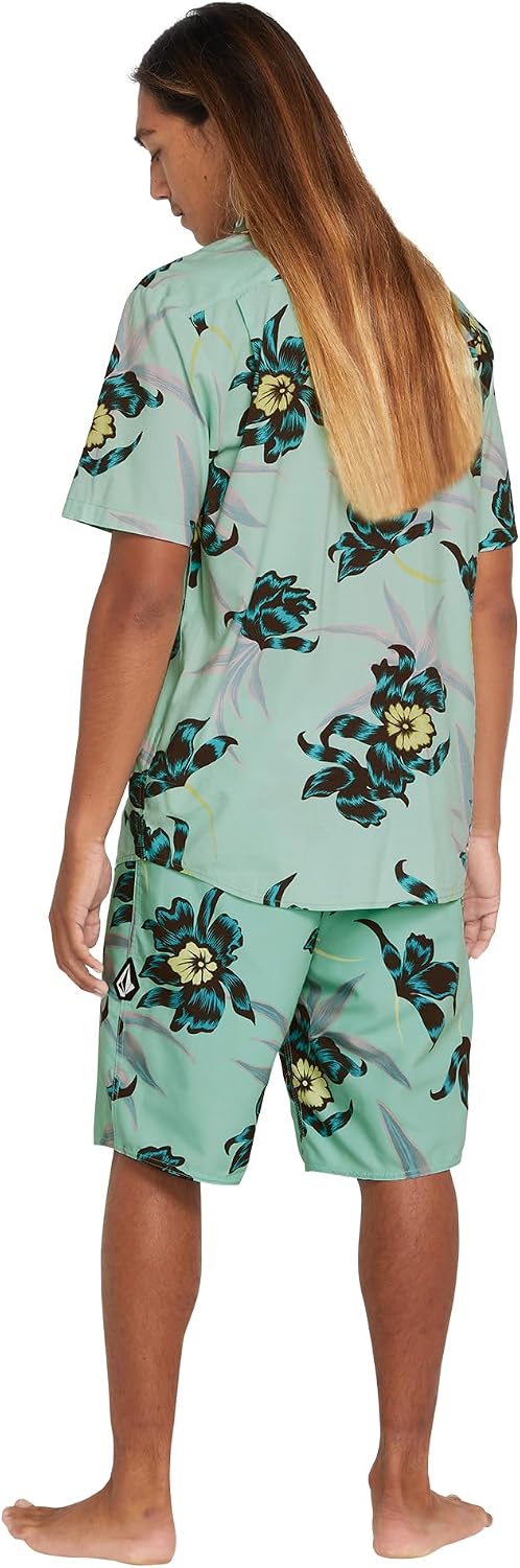 Volcom Men's Regular Marble Floral Short Sleeve Button Down Hawaiian Shirt Ice