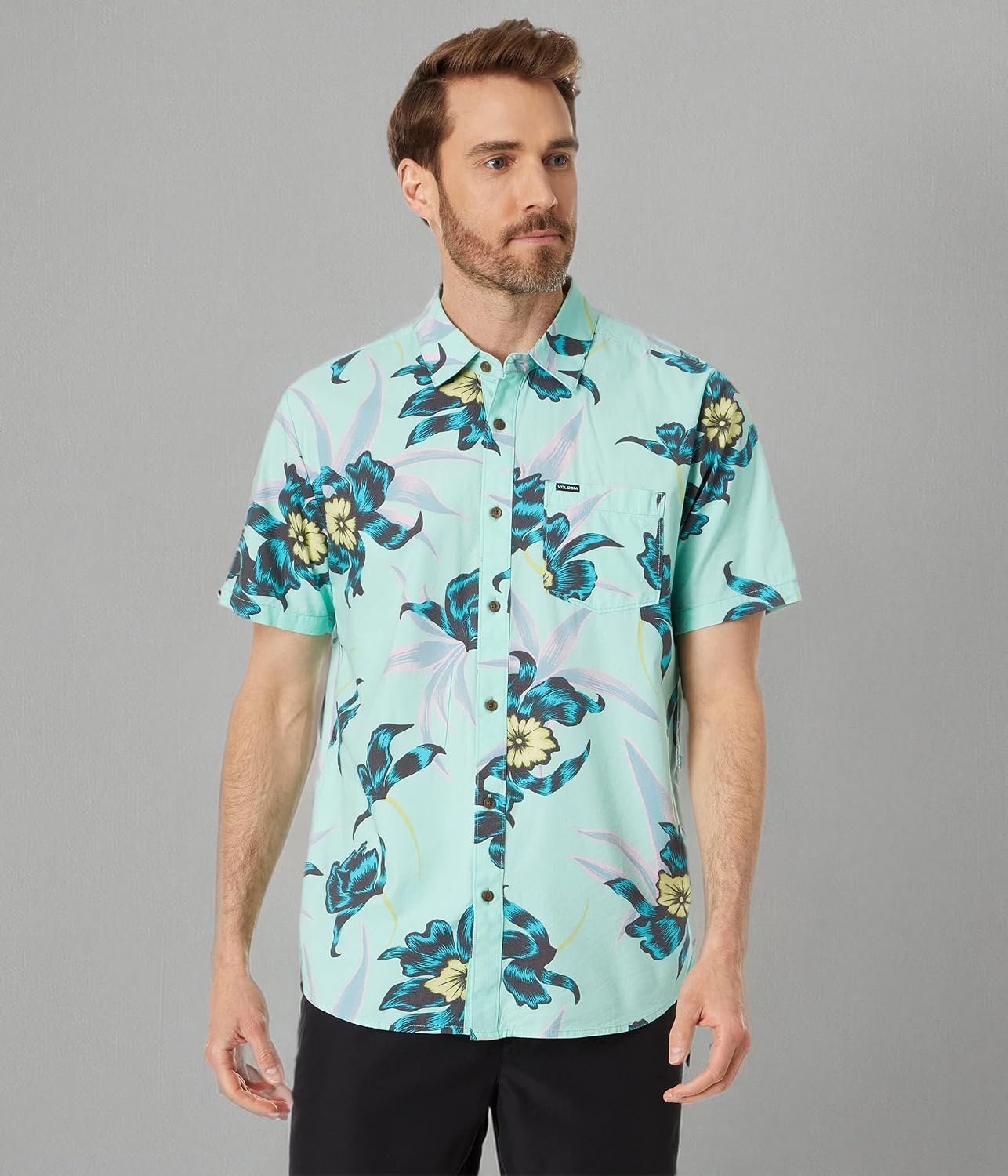 Volcom Men's Regular Marble Floral Short Sleeve Button Down Hawaiian Shirt Ice