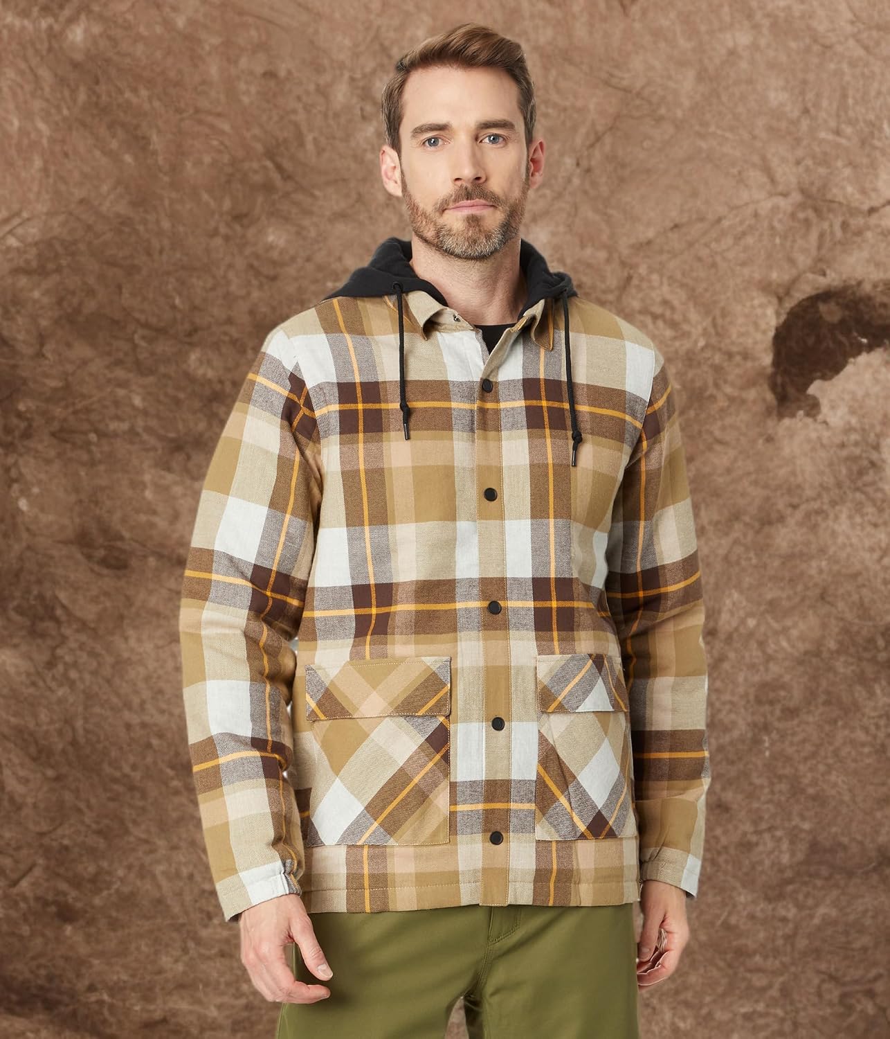 Volcom mens Field Insulated Flannel Hooded Snowboard Shirt Jacket Khakiest S4