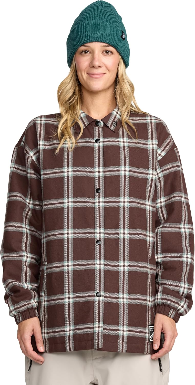 Volcom Women's Hooded Flannel Snowboard Ski Winter Hooded Shirt Jacket Oxblood