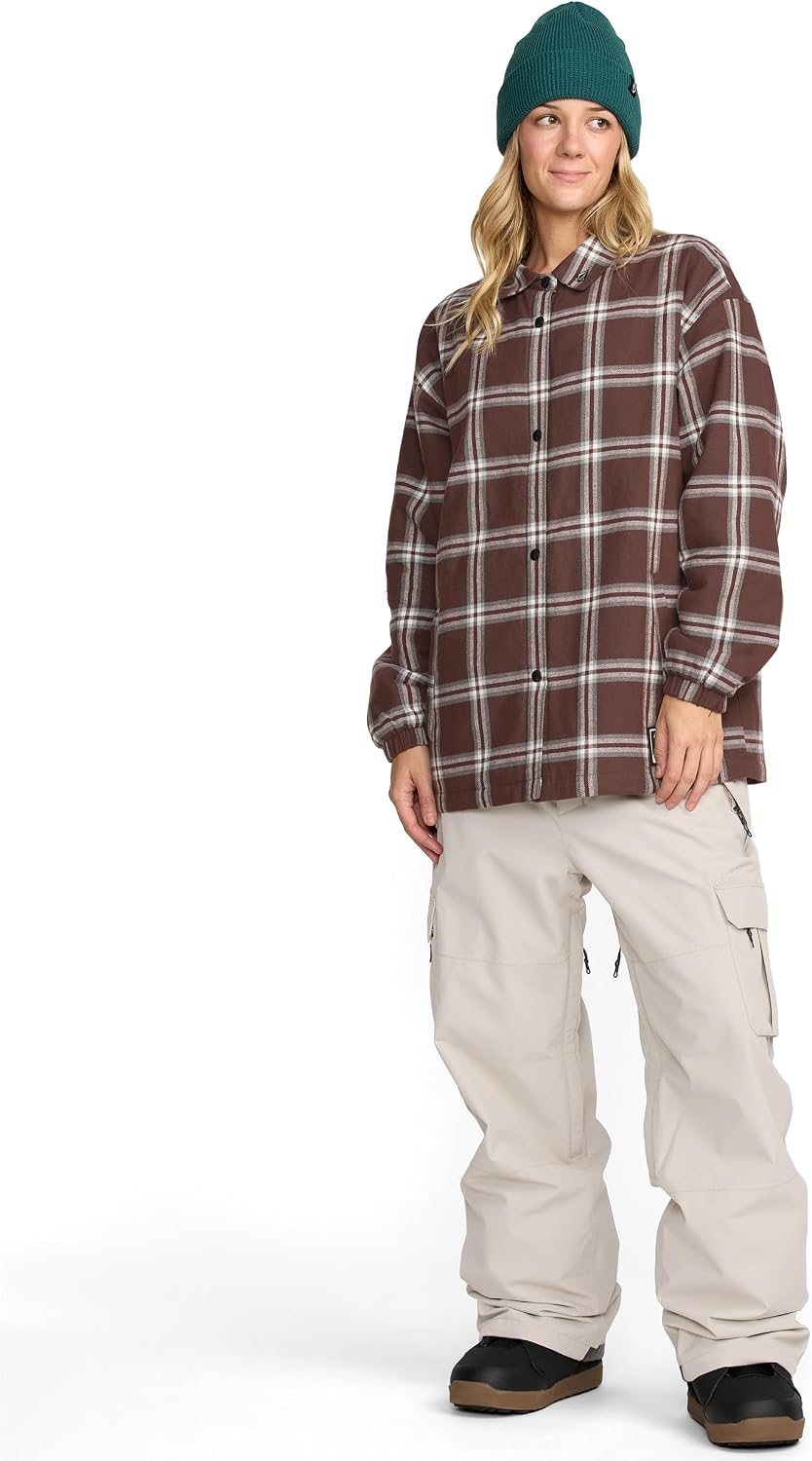 Volcom Women's Hooded Flannel Snowboard Ski Winter Hooded Shirt Jacket Oxblood