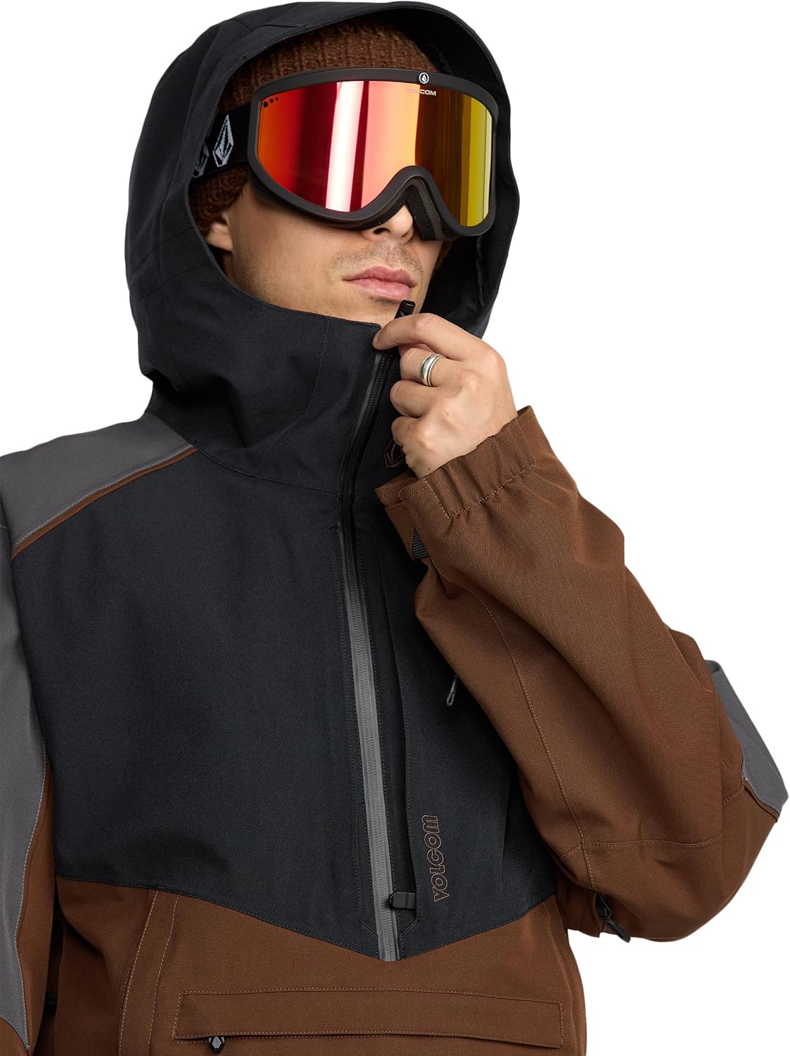 Volcom Men's Brighton Pullover Anarok Hooded Snowboard Jacket Brown