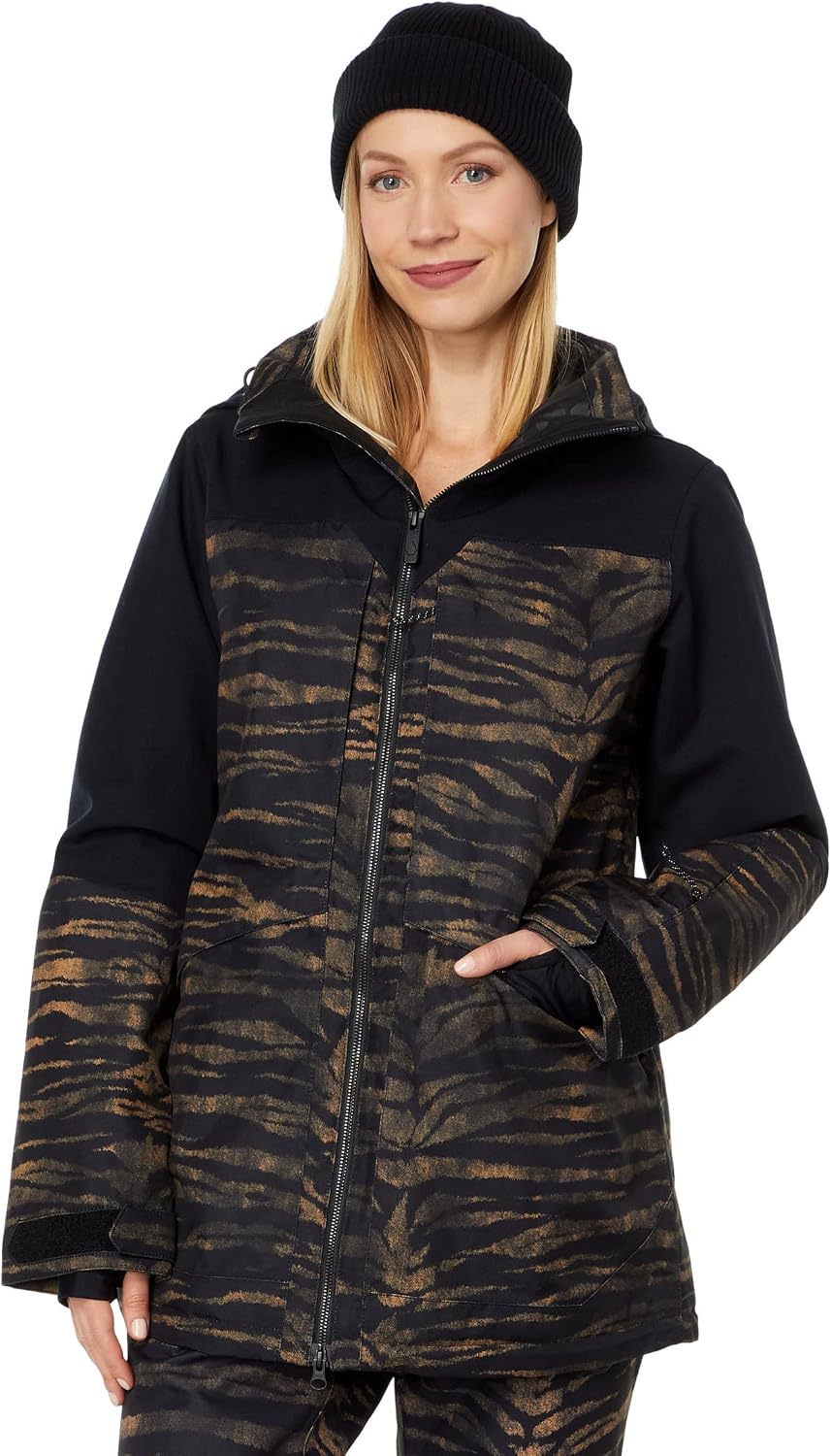 Volcom womens Shelter 3d Stretch Insulated Snowboard Ski Winter Hooded Jacket Tiger Print S3
