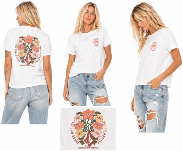 Volcom Women's Lock It Up Short Sleeve Tee – Crew Neck T-Shirt with Striped Neck Taping White