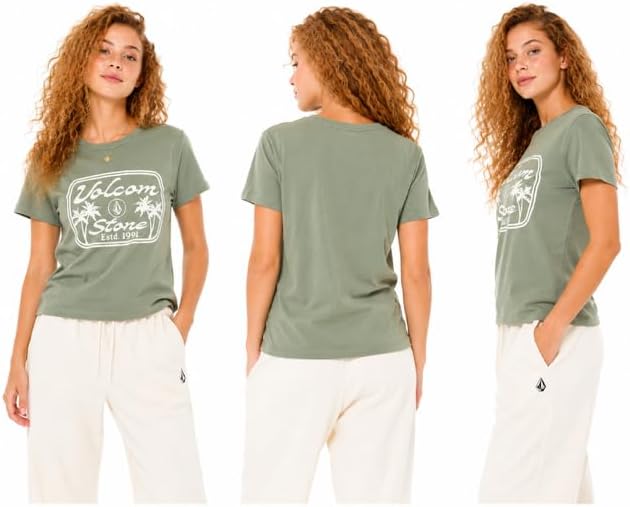 Volcom Women's Have a Clue Short Sleeve Tee – Fitted T-Shirt with Striped Neck Taping Grass Green